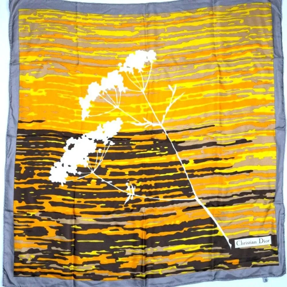 VTG 70s Christian Dior Silk Scarf 30x30 Abstract Landscape Botanical Mod France